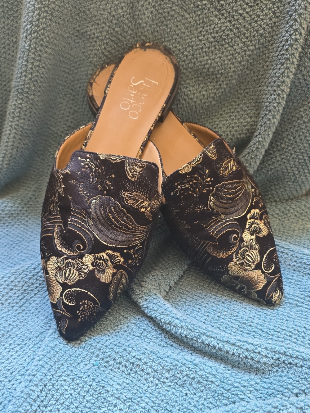 Franco Sarto Black and Gold Floral Pointed-Toe Slip-On Mules